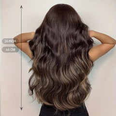 66 cm Dark Brown Long Curly Wavy Hair Wig with Bangs Synthetic Fiber Haircut