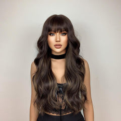 66 cm Dark Brown Long Curly Wavy Hair Wig with Bangs Synthetic Fiber Haircut