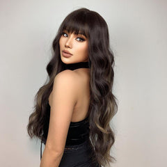 66 cm Dark Brown Long Curly Wavy Hair Wig with Bangs Synthetic Fiber Haircut