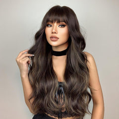 66 cm Dark Brown Long Curly Wavy Hair Wig with Bangs Synthetic Fiber Haircut