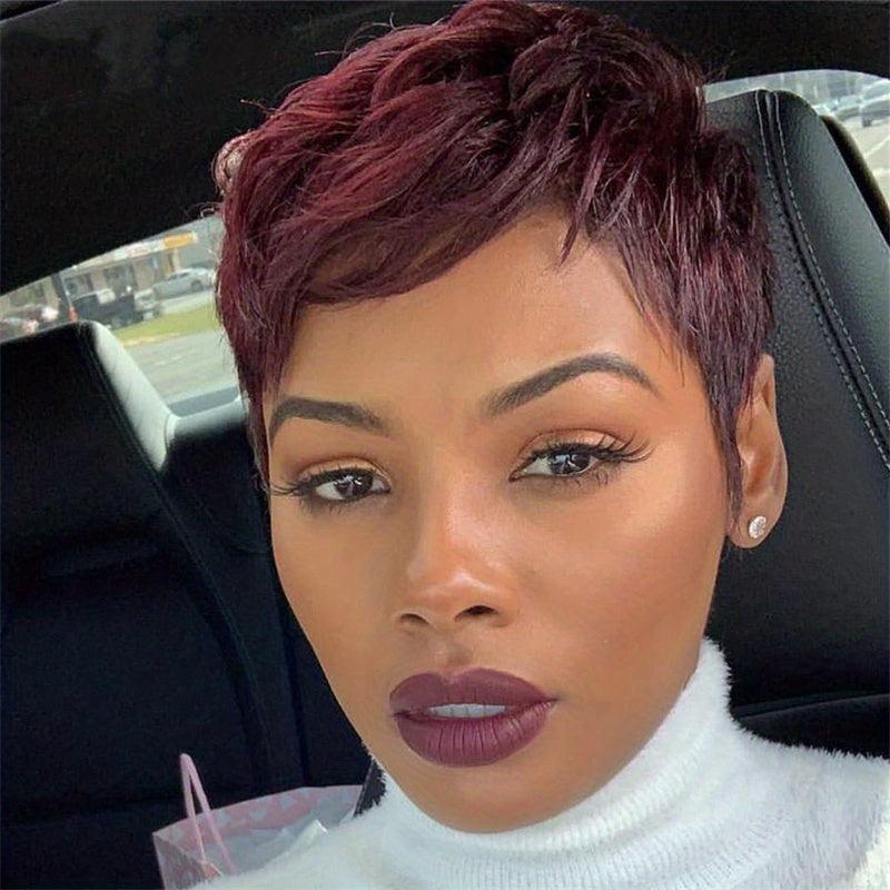 24 Cm Short Straight Human Hair Wigs None Lace Glueless Pixie Cut
