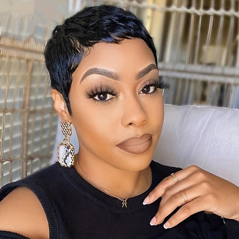 24 Cm Short Straight Human Hair Wigs None Lace Glueless Pixie Cut