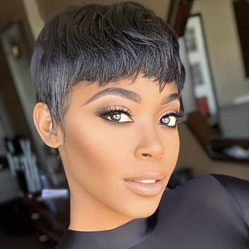 24 Cm Short Straight Human Hair Wigs None Lace Glueless Pixie Cut