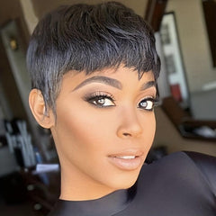 24 Cm Short Straight Human Hair Wigs None Lace Glueless Pixie Cut