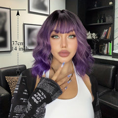 Short Bob Body Wave Purple Ombre Wig Bangs