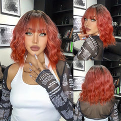 Short Bob Body Wave Purple Ombre Wig Bangs