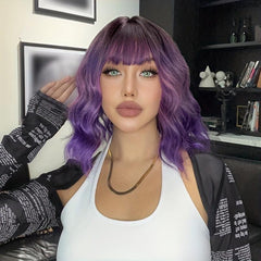 Short Bob Body Wave Purple Ombre Wig Bangs