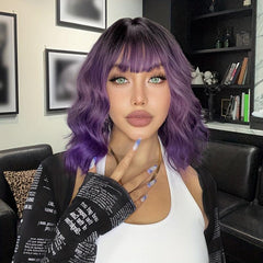 Short Bob Body Wave Purple Ombre Wig Bangs