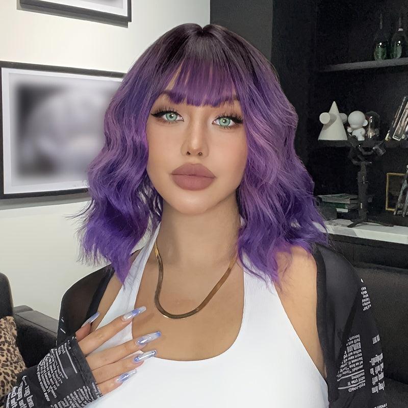 Short Bob Body Wave Purple Ombre Wig Bangs