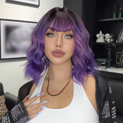 Short Bob Body Wave Purple Ombre Wig Bangs