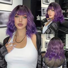 Short Bob Body Wave Purple Ombre Wig Bangs