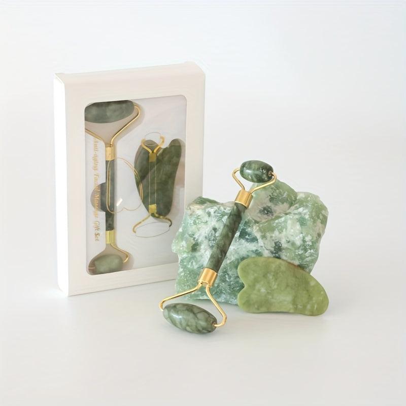 Natural Green Roller And Gua Sha Set for Facial and Body Care