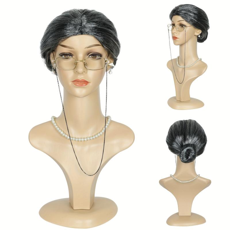 Old Lady Grandma Wig Glasses Halloween Cosplay Hair