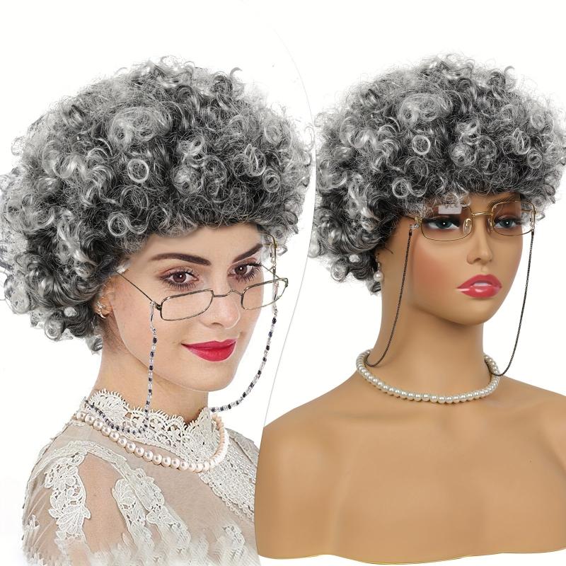 Old Lady Grandma Wig Glasses Halloween Cosplay Hair