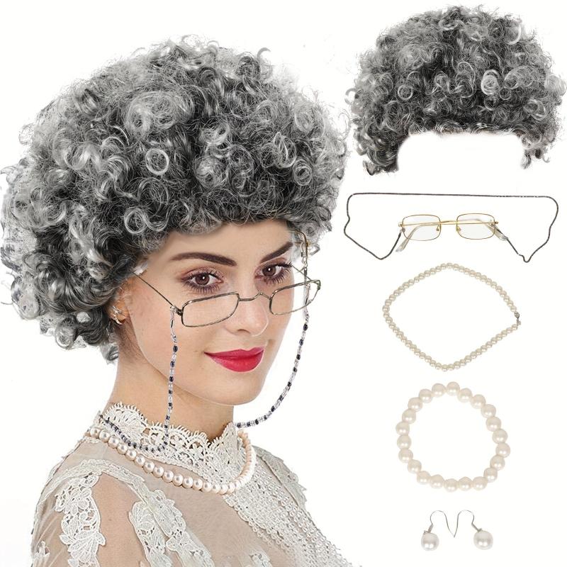 Old Lady Grandma Wig Glasses Halloween Cosplay Hair