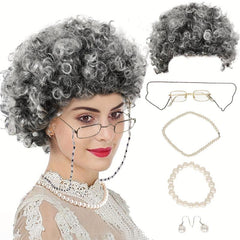 Old Lady Grandma Wig Glasses Halloween Cosplay Hair