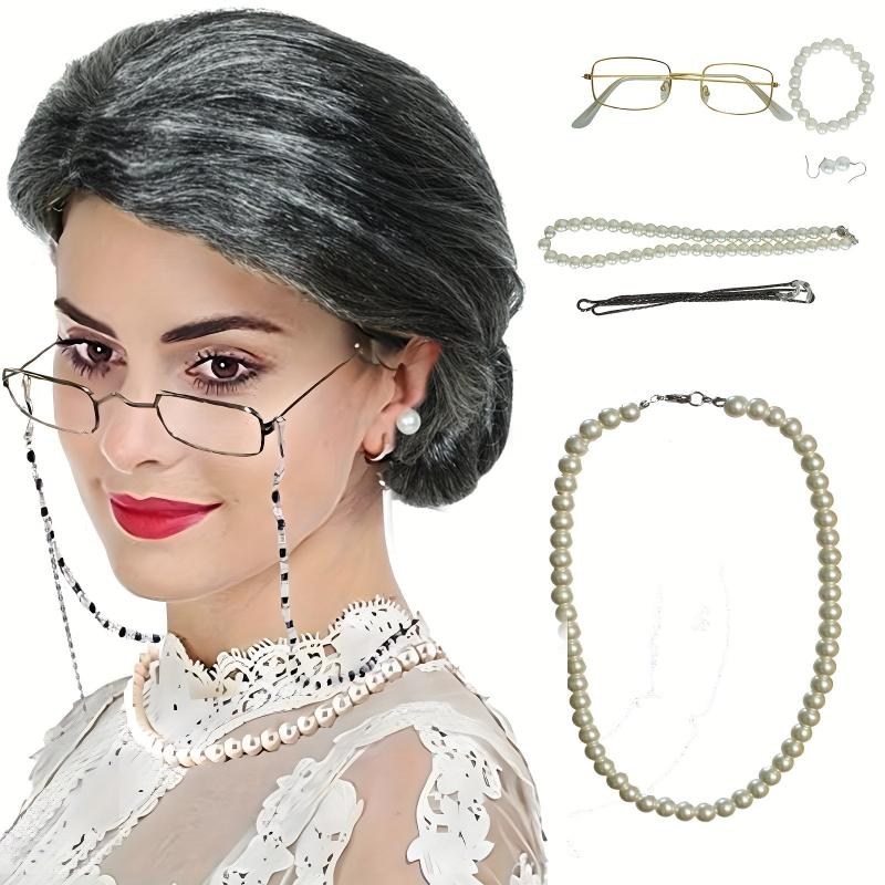 Old Lady Grandma Wig Glasses Halloween Cosplay Hair