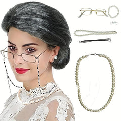 Old Lady Grandma Wig Glasses Halloween Cosplay Hair