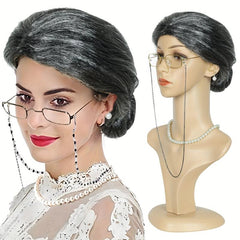 Old Lady Grandma Wig Glasses Halloween Cosplay Hair