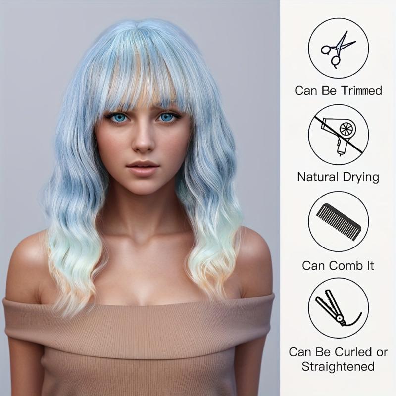 Short Body Wavy Bob Ombre Wig with Bangs - Colorful Synthetic Cosplay Party Wig
