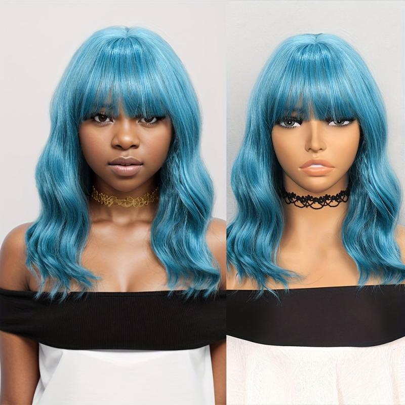 Short Body Wavy Bob Ombre Wig with Bangs - Colorful Synthetic Cosplay Party Wig
