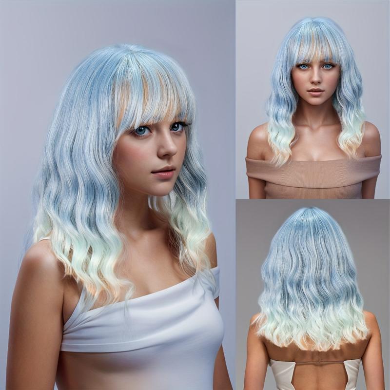 Short Body Wavy Bob Ombre Wig with Bangs - Colorful Synthetic Cosplay Party Wig
