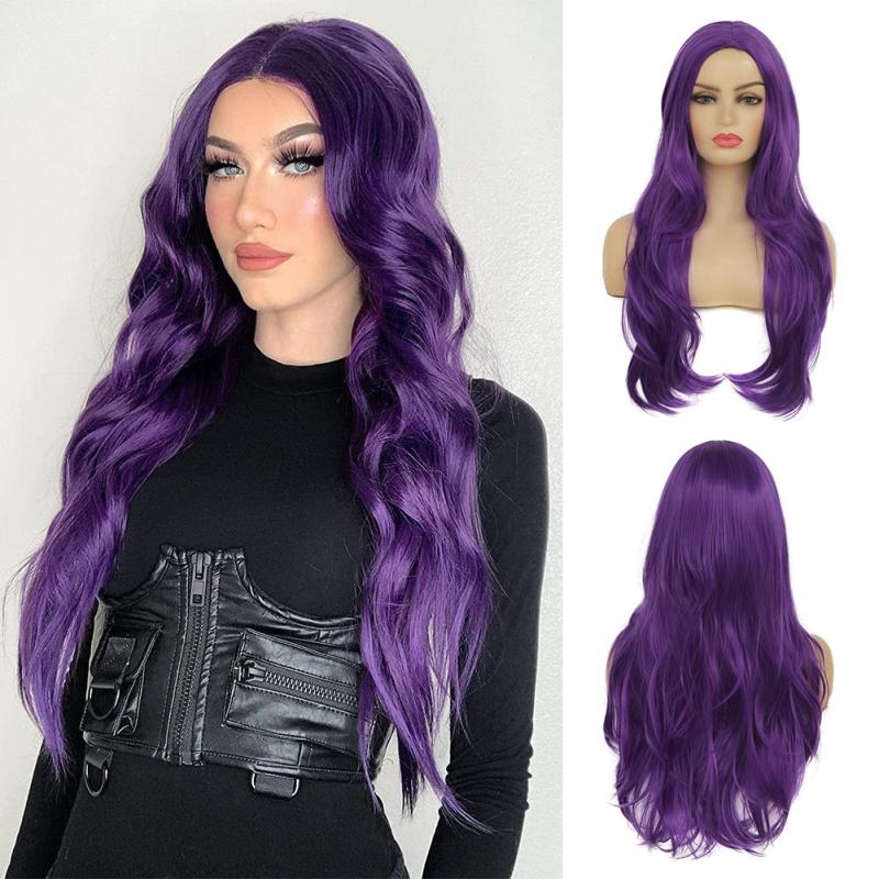 Long Curly Wig For Women Middle Part Wavy Natural Synthetic Hair Red Purple