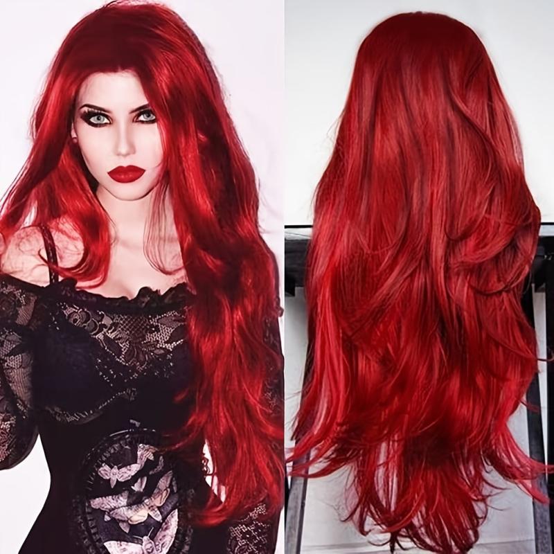 Long Curly Wig For Women Middle Part Wavy Natural Synthetic Hair Red Purple