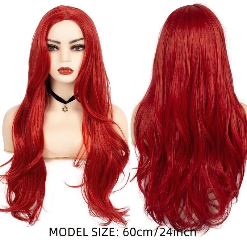 Long Curly Wig For Women Middle Part Wavy Natural Synthetic Hair Red Purple
