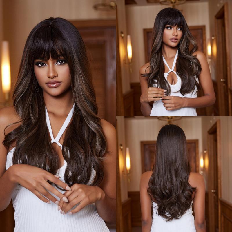Ombre Brown Long Curly Wig with Bangs