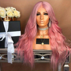 Burgundy Wavy Bangs Wig Pink Long Hair Golden Gradual Daily Role Play Ball