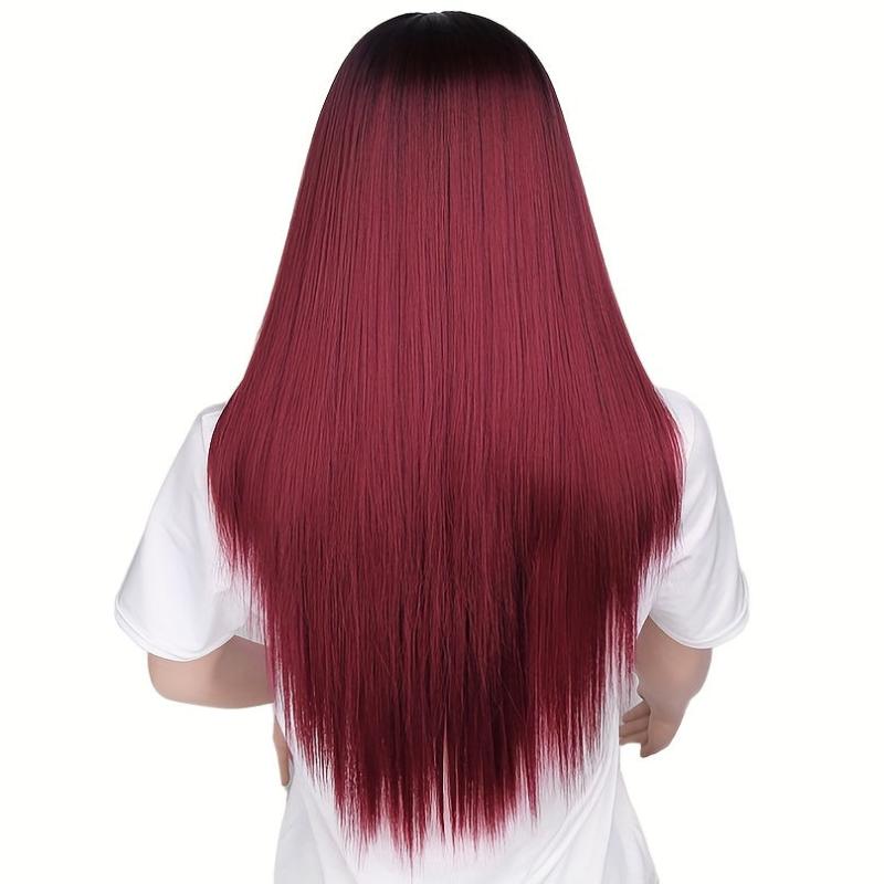 Burgundy Wavy Bangs Wig Pink Long Hair Golden Gradual Daily Role Play Ball