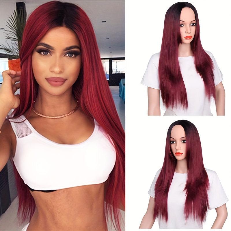 Burgundy Wavy Bangs Wig Pink Long Hair Golden Gradual Daily Role Play Ball
