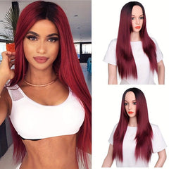 Burgundy Wavy Bangs Wig Pink Long Hair Golden Gradual Daily Role Play Ball