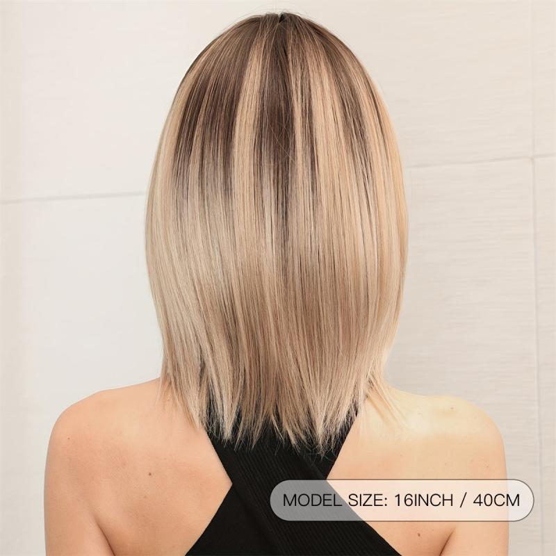 Ombre Straight Wig With Bangs Middle Part Layered Synthetic Wig