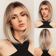 Ombre Straight Wig With Bangs Middle Part Layered Synthetic Wig