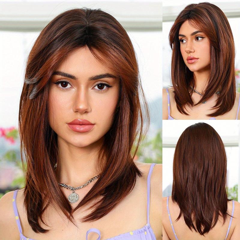 Ombre Straight Wig With Bangs Middle Part Layered Synthetic Wig