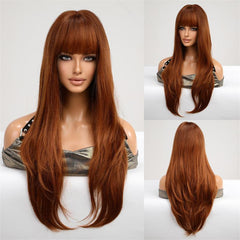 Long Wavy Wig With Bangs Ombre Brown Curly Wigs For Women