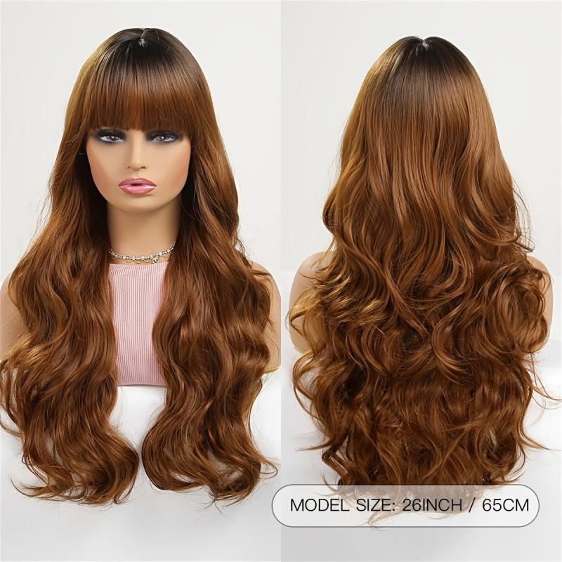 Long Wavy Wig With Bangs Ombre Brown Curly Wigs For Women