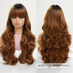 Long Wavy Wig With Bangs Ombre Brown Curly Wigs For Women
