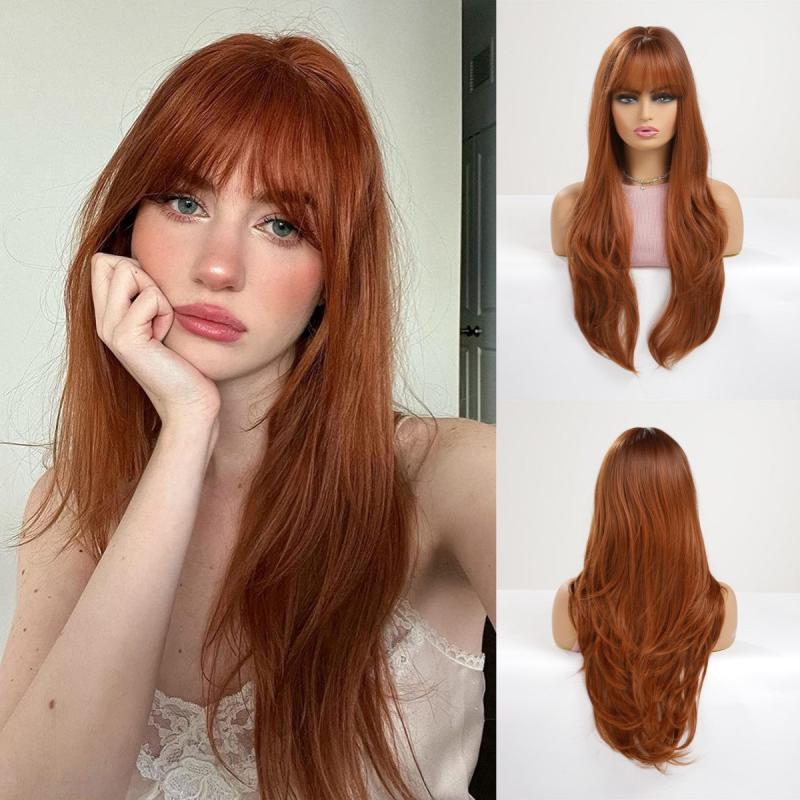 Long Wavy Wig With Bangs Ombre Brown Curly Wigs For Women