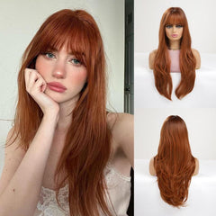 Long Wavy Wig With Bangs Ombre Brown Curly Wigs For Women