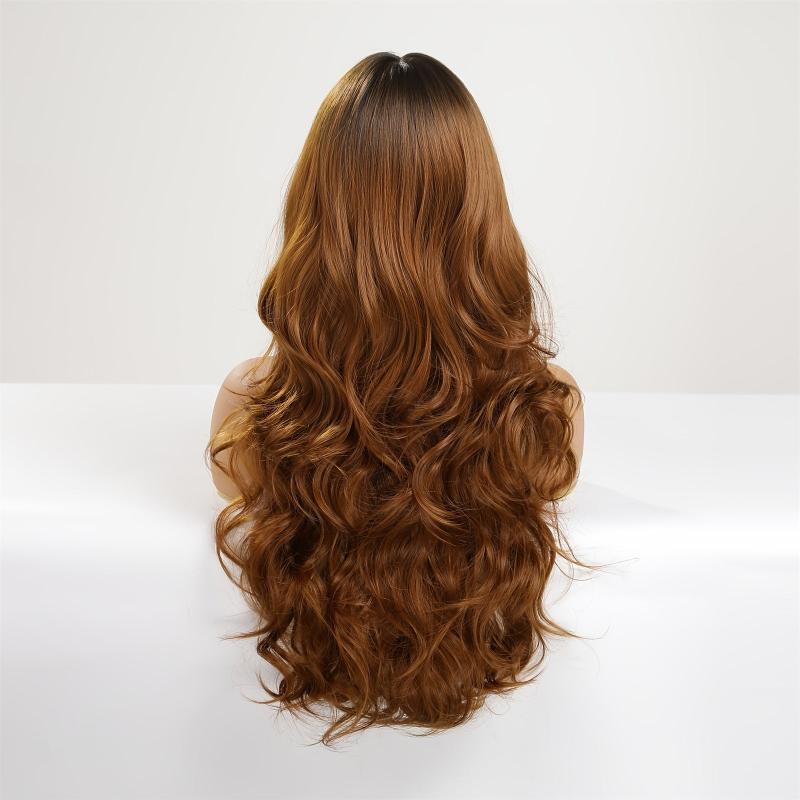 Long Wavy Wig With Bangs Ombre Brown Curly Wigs For Women