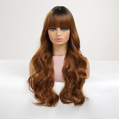 Long Wavy Wig With Bangs Ombre Brown Curly Wigs For Women