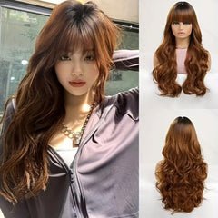 Long Wavy Wig With Bangs Ombre Brown Curly Wigs For Women