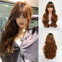 Long Wavy Wig With Bangs Ombre Brown Curly Wigs For Women