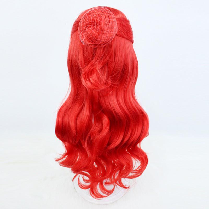 Red Long Curly Wig With Hair Bun Synthetic Wig Anime Cosplay Halloween Party