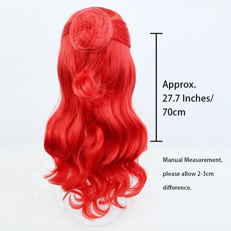 Red Long Curly Wig With Hair Bun Synthetic Wig Anime Cosplay Halloween Party