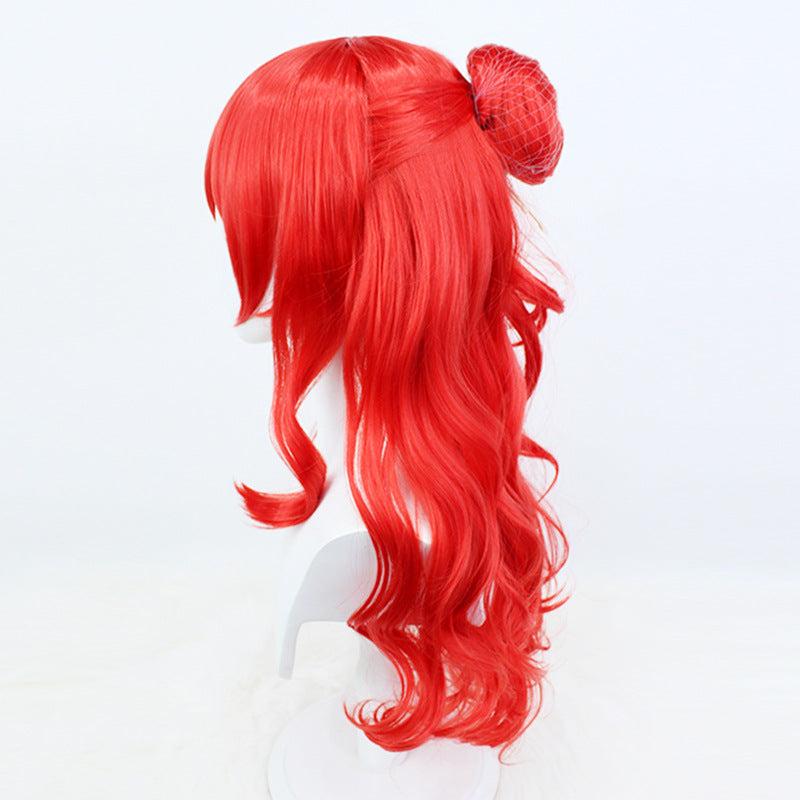 Red Long Curly Wig With Hair Bun Synthetic Wig Anime Cosplay Halloween Party