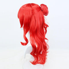 Red Long Curly Wig With Hair Bun Synthetic Wig Anime Cosplay Halloween Party